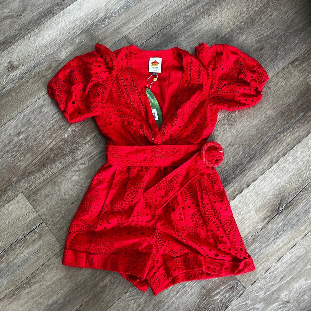 FARM RIO Women's Red Eyelet Beaded Belt Romper Size S - Picture 3 of 13